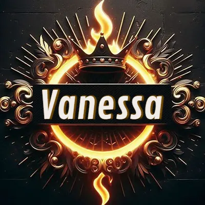 Diseño circular real con adornos dorados, llama de fuego detrás de una corona negra pequeña y nombre en blanco. - Vanessa