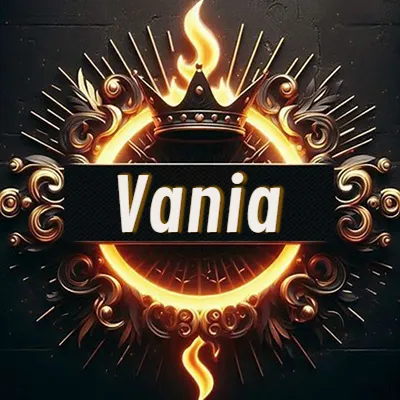 Diseño circular real con adornos dorados, llama de fuego detrás de una corona negra pequeña y nombre en blanco. - Vania