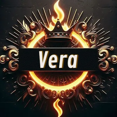 Diseño circular real con adornos dorados, llama de fuego detrás de una corona negra pequeña y nombre en blanco. - Vera