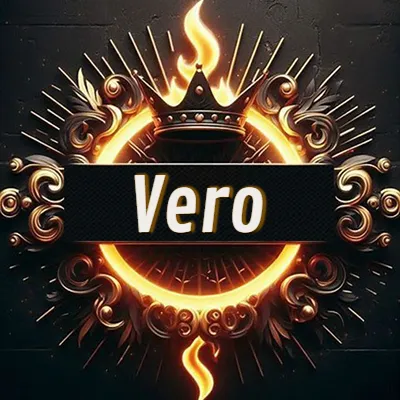 Diseño circular real con adornos dorados, llama de fuego detrás de una corona negra pequeña y nombre en blanco. - Vero Diseño circular real con adornos dorados, llama de fuego detrás de una corona negra pequeña y nombre en blanco. - Vero