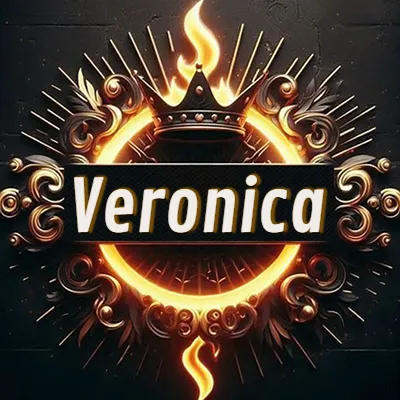 Diseño circular real con adornos dorados, llama de fuego detrás de una corona negra pequeña y nombre en blanco. - Veronica Diseño circular real con adornos dorados, llama de fuego detrás de una corona negra pequeña y nombre en blanco. - Veronica