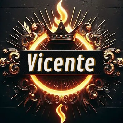 Diseño circular real con adornos dorados, llama de fuego detrás de una corona negra pequeña y nombre en blanco. - Vicente