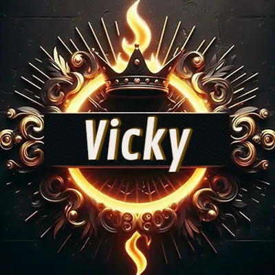 Diseño circular real con adornos dorados, llama de fuego detrás de una corona negra pequeña y nombre en blanco. - Vicky
