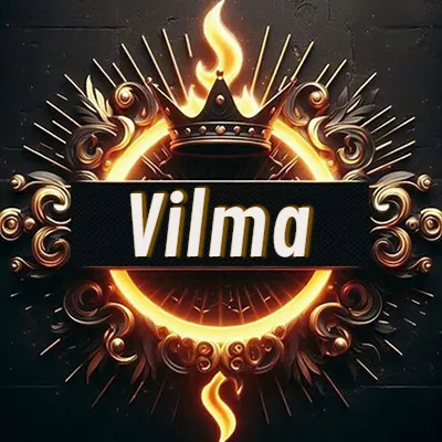 Diseño circular real con adornos dorados, llama de fuego detrás de una corona negra pequeña y nombre en blanco. - Vilma