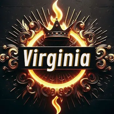 Diseño circular real con adornos dorados, llama de fuego detrás de una corona negra pequeña y nombre en blanco. - Virginia Diseño circular real con adornos dorados, llama de fuego detrás de una corona negra pequeña y nombre en blanco. - Virginia