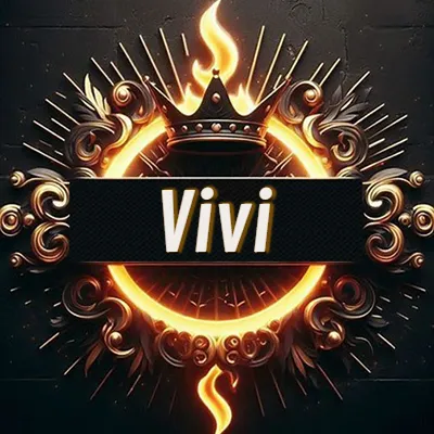 Panel artístico circular con una llama dorada y una corona negra en el centro, rodeado de ornamentos espirales dorados entrelazados que emanan una luz cálida sobre un fondo de muro de piedra oscura. El nombre Vivi está escrito en blanco destacado dentro de un rectángulo negro horizontal que cruza la mitad del diseño circular.