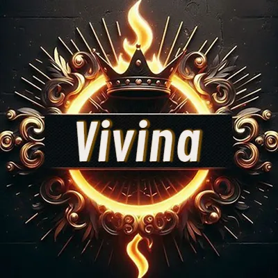 Diseño circular real con adornos dorados, llama de fuego detrás de una corona negra pequeña y nombre en blanco. - Vivina