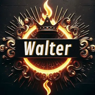 Diseño circular real con adornos dorados, llama de fuego detrás de una corona negra pequeña y nombre en blanco. - Walter