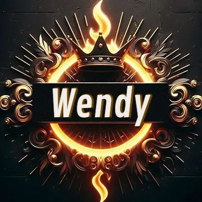 Diseño circular real con adornos dorados, llama de fuego detrás de una corona negra pequeña y nombre en blanco. - Wendy