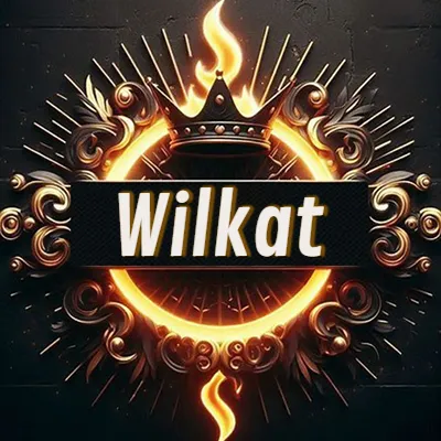 Diseño circular real con adornos dorados, llama de fuego detrás de una corona negra pequeña y nombre en blanco. - Wilkat Diseño circular real con adornos dorados, llama de fuego detrás de una corona negra pequeña y nombre en blanco. - Wilkat