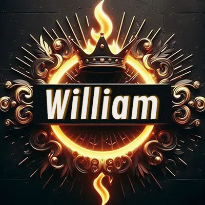 Diseño circular real con adornos dorados, llama de fuego detrás de una corona negra pequeña y nombre en blanco. - William Diseño circular real con adornos dorados, llama de fuego detrás de una corona negra pequeña y nombre en blanco. - William