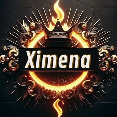 Diseño circular real con adornos dorados, llama de fuego detrás de una corona negra pequeña y nombre en blanco. - Ximena Diseño circular real con adornos dorados, llama de fuego detrás de una corona negra pequeña y nombre en blanco. - Ximena