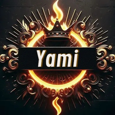 Diseño circular real con adornos dorados, llama de fuego detrás de una corona negra pequeña y nombre en blanco. - Yami Diseño circular real con adornos dorados, llama de fuego detrás de una corona negra pequeña y nombre en blanco. - Yami