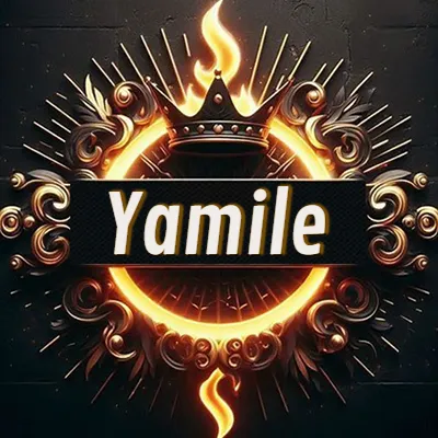 Diseño circular real con adornos dorados, llama de fuego detrás de una corona negra pequeña y nombre en blanco. - Yamile Diseño circular real con adornos dorados, llama de fuego detrás de una corona negra pequeña y nombre en blanco. - Yamile