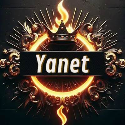 Panel artístico circular con una llama dorada y una corona negra en el centro, rodeado de ornamentos espirales dorados entrelazados que emanan una luz cálida sobre un fondo de muro de piedra oscura. El nombre Yanet está escrito en blanco destacado dentro de un rectángulo negro horizontal que cruza la mitad del diseño circular.