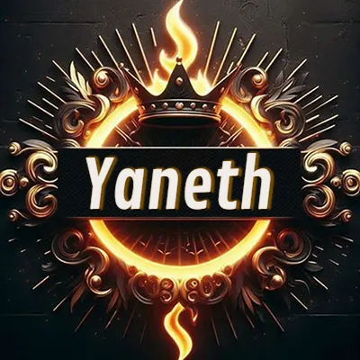 Diseño circular real con adornos dorados, llama de fuego detrás de una corona negra pequeña y nombre en blanco. - Yanet