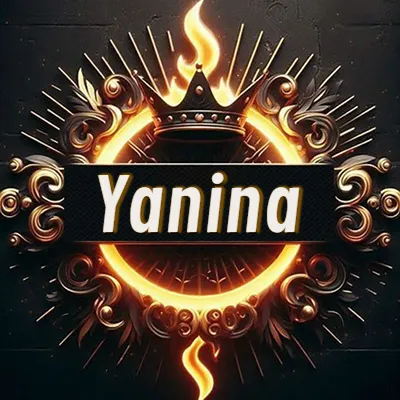 Diseño circular real con adornos dorados, llama de fuego detrás de una corona negra pequeña y nombre en blanco. - Yanina