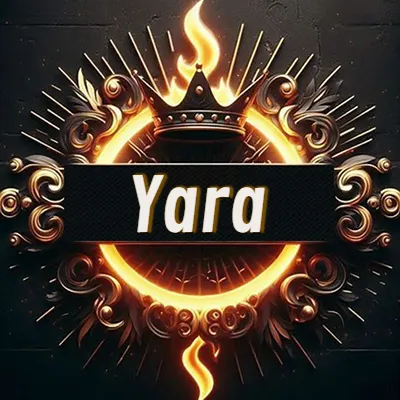 Diseño circular real con adornos dorados, llama de fuego detrás de una corona negra pequeña y nombre en blanco. - Yara