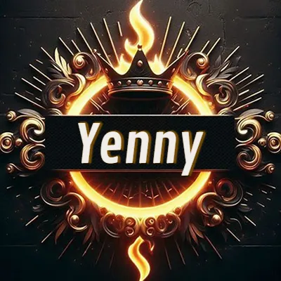 Diseño circular real con adornos dorados, llama de fuego detrás de una corona negra pequeña y nombre en blanco. - Yenny Diseño circular real con adornos dorados, llama de fuego detrás de una corona negra pequeña y nombre en blanco. - Yenny