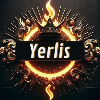 Diseño circular real con adornos dorados, llama de fuego detrás de una corona negra pequeña y nombre en blanco. - Yerlis