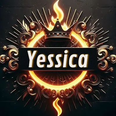 Diseño circular real con adornos dorados, llama de fuego detrás de una corona negra pequeña y nombre en blanco. - Yessica