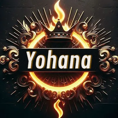 Diseño circular real con adornos dorados, llama de fuego detrás de una corona negra pequeña y nombre en blanco. - Yohana