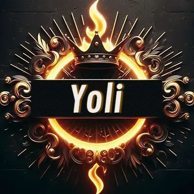 Diseño circular real con adornos dorados, llama de fuego detrás de una corona negra pequeña y nombre en blanco. - Yoli