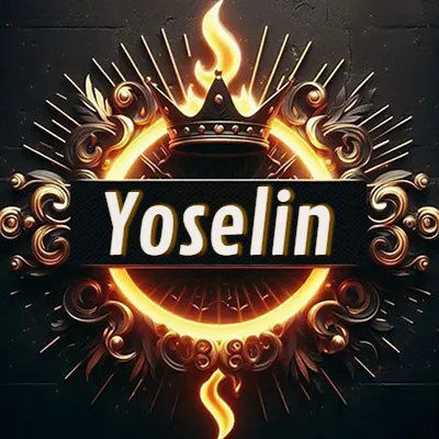 Diseño circular real con adornos dorados, llama de fuego detrás de una corona negra pequeña y nombre en blanco. - Yoselin Diseño circular real con adornos dorados, llama de fuego detrás de una corona negra pequeña y nombre en blanco. - Yoselin