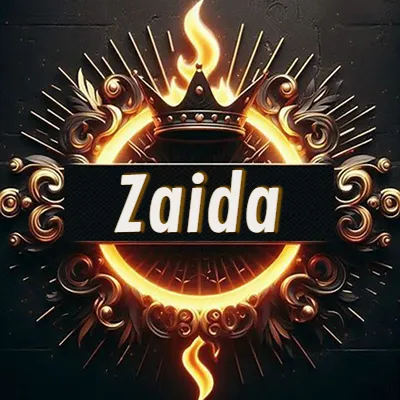 Diseño circular real con adornos dorados, llama de fuego detrás de una corona negra pequeña y nombre en blanco. - Zaida