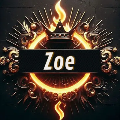 Diseño circular real con adornos dorados, llama de fuego detrás de una corona negra pequeña y nombre en blanco. - Zoe