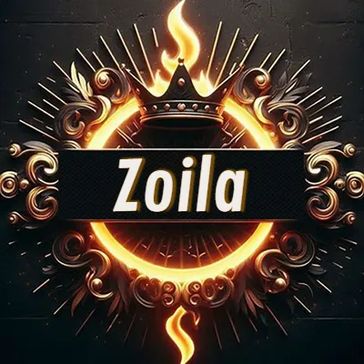 Diseño circular real con adornos dorados, llama de fuego detrás de una corona negra pequeña y nombre en blanco. - Zoila