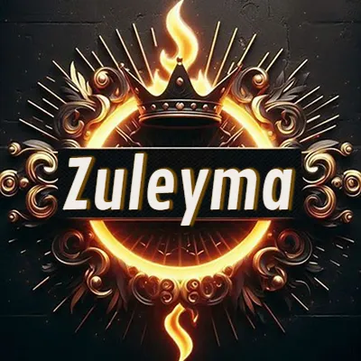 Diseño circular real con adornos dorados, llama de fuego detrás de una corona negra pequeña y nombre en blanco. - Zuleyma