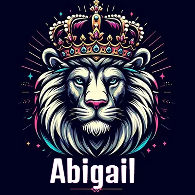 Dibujo majestuoso de león con corona enjoyada, rayos de luz detrás y nombre en la parte inferior. - Abigail Dibujo majestuoso de león con corona enjoyada, rayos de luz detrás y nombre en la parte inferior. - Abigail