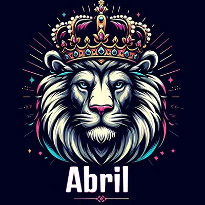 Dibujo majestuoso de león con corona enjoyada, rayos de luz detrás y nombre en la parte inferior. - Abril Dibujo majestuoso de león con corona enjoyada, rayos de luz detrás y nombre en la parte inferior. - Abril