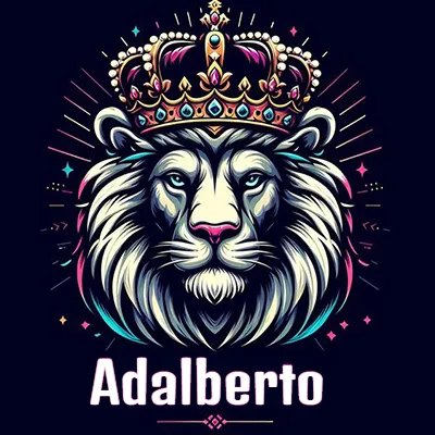 Dibujo majestuoso de león con corona enjoyada, rayos de luz detrás y nombre en la parte inferior. - Adalberto Dibujo majestuoso de león con corona enjoyada, rayos de luz detrás y nombre en la parte inferior. - Adalberto