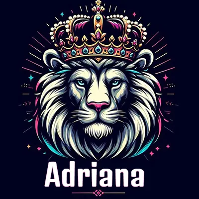 Dibujo majestuoso de león con corona enjoyada, rayos de luz detrás y nombre en la parte inferior. - Adriana