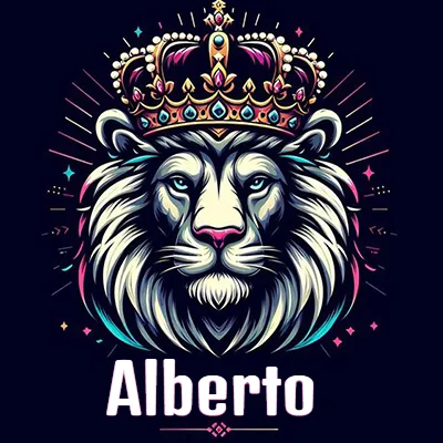 Dibujo majestuoso de león con corona enjoyada, rayos de luz detrás y nombre en la parte inferior. - Alberto