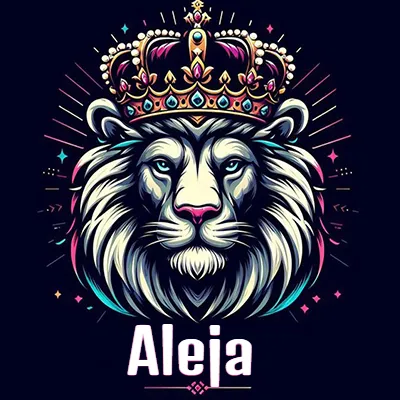 Rostro de león blanco y azul con expresiones serenas y seguras, llevando una corona real engastada con gemas púrpuras y perlas, con un fondo de líneas de luz coloridas que asemejan estrellas. El nombre Aleja está escrito en una tipografía vertical simple debajo de la barbilla del león en el centro de la imagen.