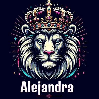 Dibujo majestuoso de león con corona enjoyada, rayos de luz detrás y nombre en la parte inferior. - Alejandra