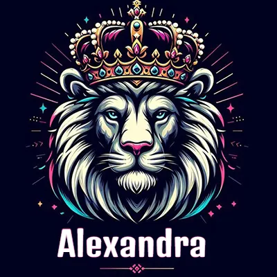 Dibujo majestuoso de león con corona enjoyada, rayos de luz detrás y nombre en la parte inferior. - Alex