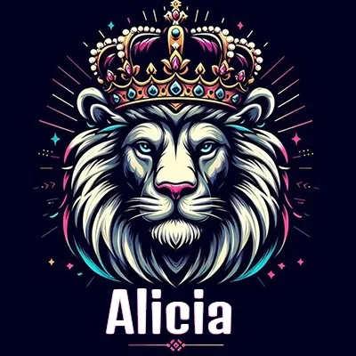 Dibujo majestuoso de león con corona enjoyada, rayos de luz detrás y nombre en la parte inferior. - Alicia