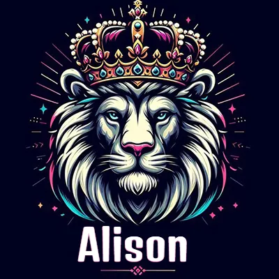 Dibujo majestuoso de león con corona enjoyada, rayos de luz detrás y nombre en la parte inferior. - Alison