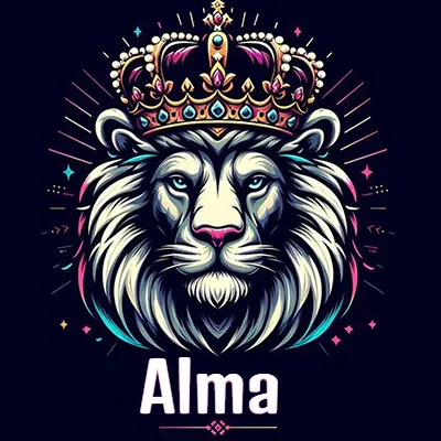 Dibujo majestuoso de león con corona enjoyada, rayos de luz detrás y nombre en la parte inferior. - Alma