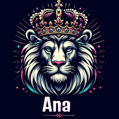 Rostro de león blanco y azul con expresiones serenas y seguras, llevando una corona real engastada con gemas púrpuras y perlas, con un fondo de líneas de luz coloridas que asemejan estrellas. El nombre Ana está escrito en una tipografía vertical simple debajo de la barbilla del león en el centro de la imagen.