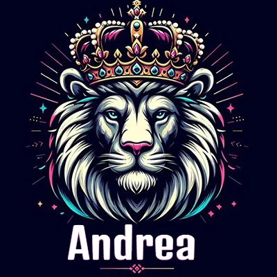Dibujo majestuoso de león con corona enjoyada, rayos de luz detrás y nombre en la parte inferior. - Andrea Dibujo majestuoso de león con corona enjoyada, rayos de luz detrás y nombre en la parte inferior. - Andrea