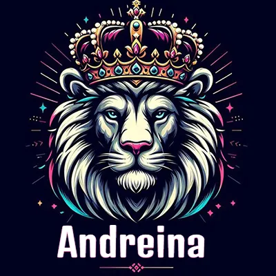Dibujo majestuoso de león con corona enjoyada, rayos de luz detrás y nombre en la parte inferior. - Andreina Dibujo majestuoso de león con corona enjoyada, rayos de luz detrás y nombre en la parte inferior. - Andreina