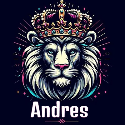 Dibujo majestuoso de león con corona enjoyada, rayos de luz detrás y nombre en la parte inferior. - Andres Dibujo majestuoso de león con corona enjoyada, rayos de luz detrás y nombre en la parte inferior. - Andres