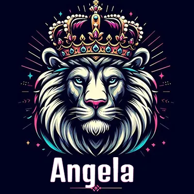Dibujo majestuoso de león con corona enjoyada, rayos de luz detrás y nombre en la parte inferior. - Angel