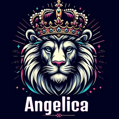 Dibujo majestuoso de león con corona enjoyada, rayos de luz detrás y nombre en la parte inferior. - Angelica