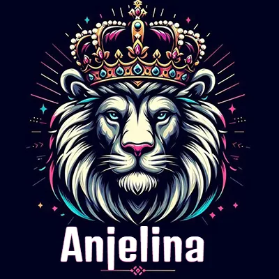 Dibujo majestuoso de león con corona enjoyada, rayos de luz detrás y nombre en la parte inferior. - Anjelina